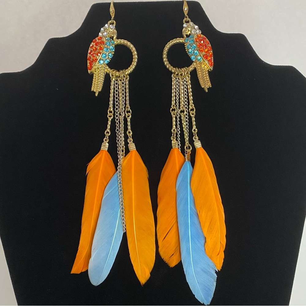 Fetish Bird Rhinestone Dangle Tassel Earrings Parrot Macaw Paradise Feathers